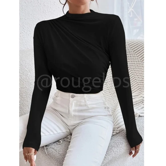 Ruched Asymmetric Black Long Sleeve Bodysuit - Picture 9 of 14